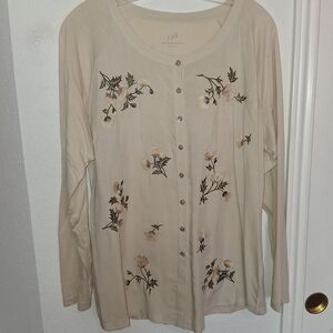 J. Jill Cream Button Down Shirt with Floral Embroidery